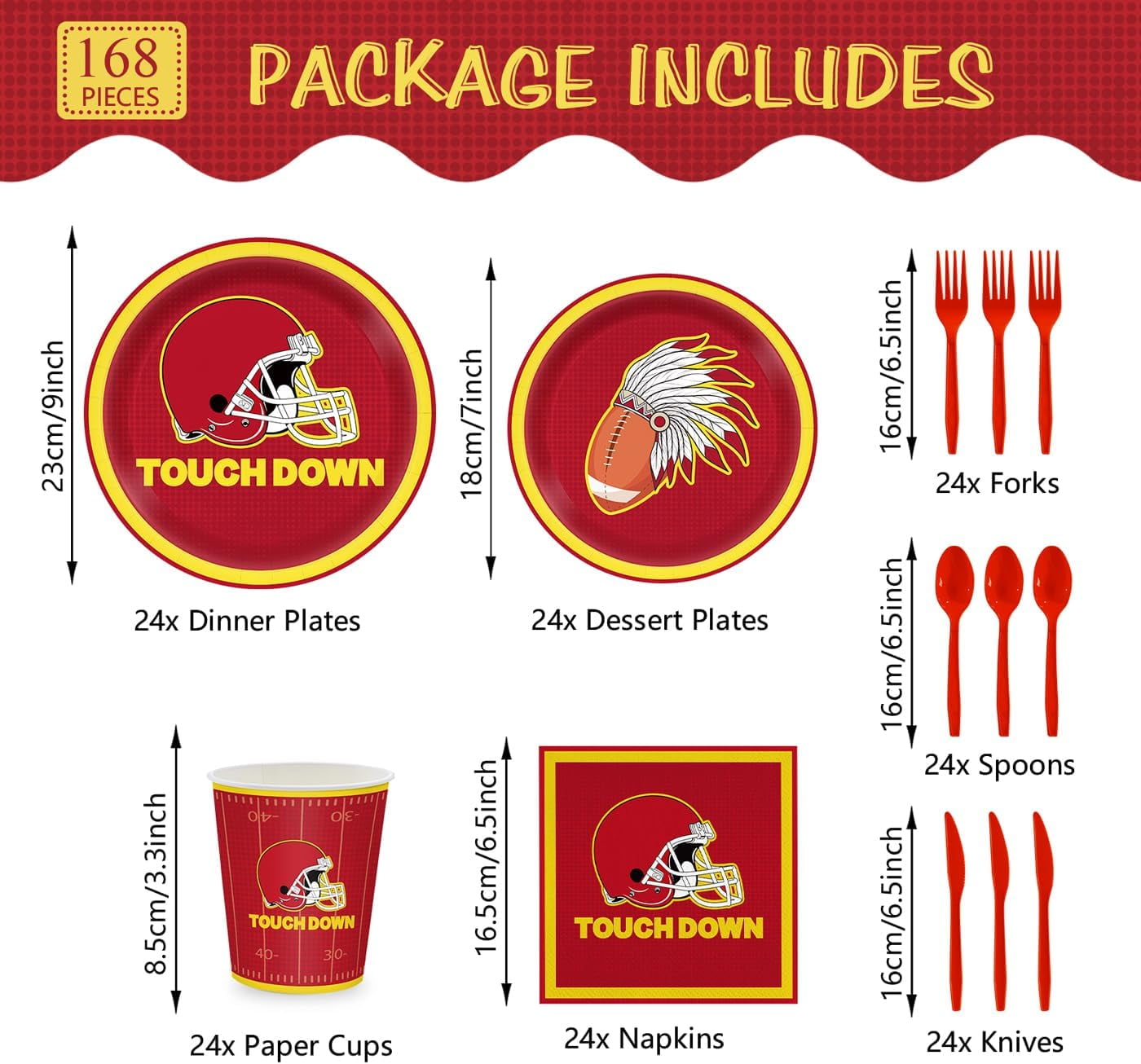 RTHG-168pcs Red Football Party Supplies Touch Down Plates Napkins American Rugby Tableware Set Disposable Paper Cups Red knives Forks and Spoons Football Birthday Party Decorations Serves 24