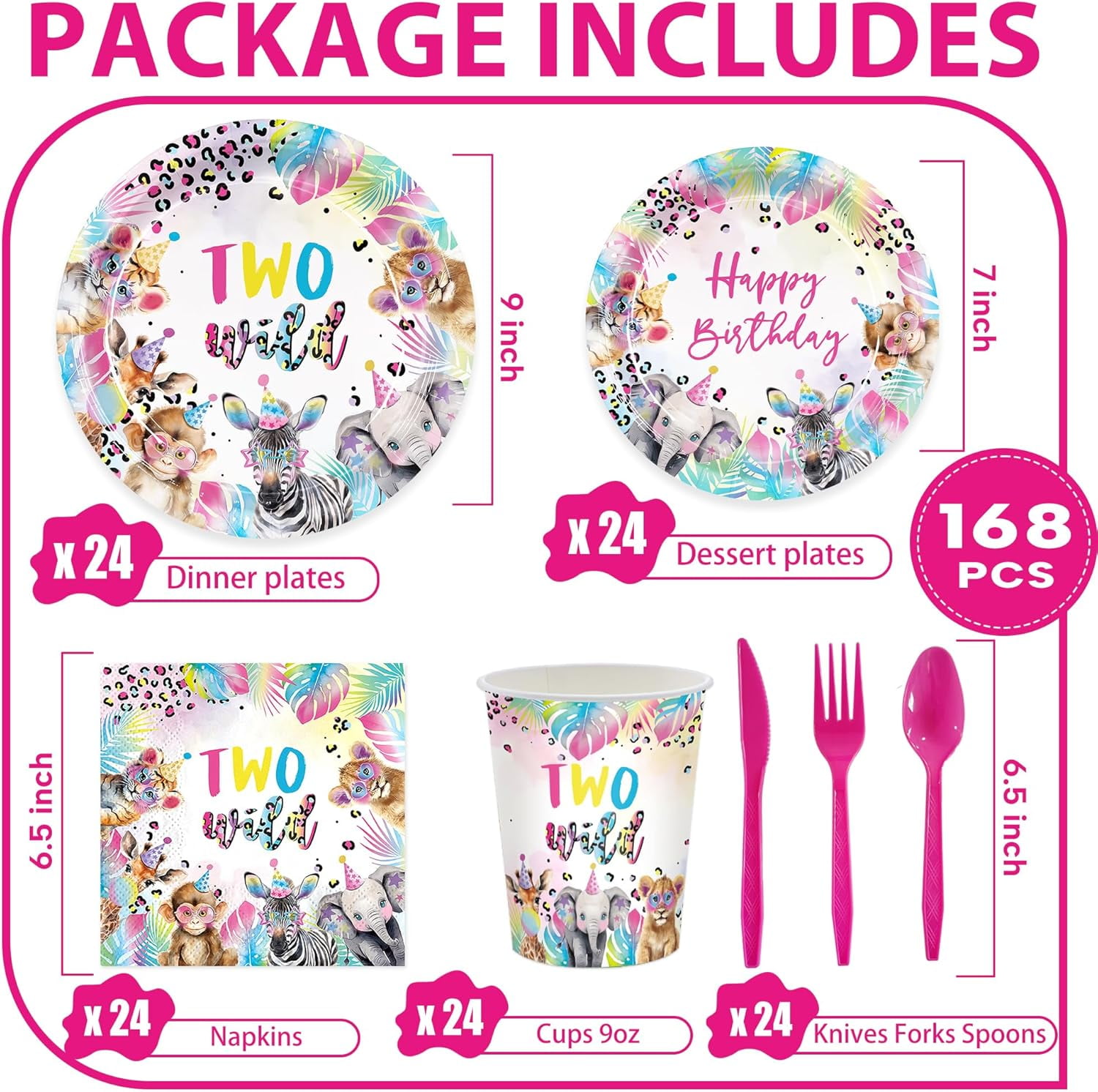 RTHG-168pcs Two Wild Birthday Party Supplies Party Plates Napkins Safari Jungle Animal Disposable Tableware Set Paper Cups Two Wild Birthday Party Decorations for Girls Boys 2nd Party Decor Serve 24
