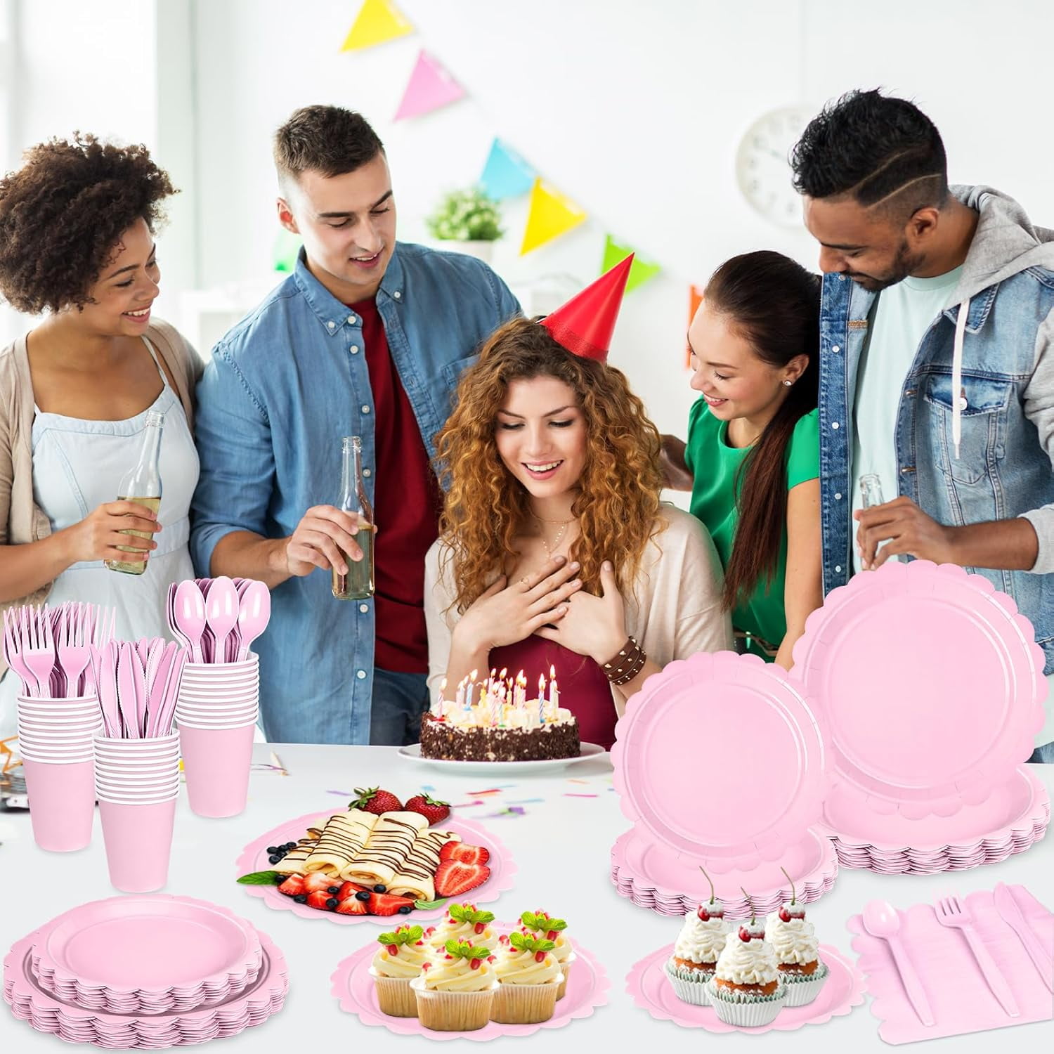 RTHG-175 PCS Light Pink Scalloped Plates and Napkins, Pink Disposable Plates Set with Napkins Cups Plastic Spoons Forks Knives for Birthday Baby Shower Gender Reveal Party Supplies Serve 25 Guests