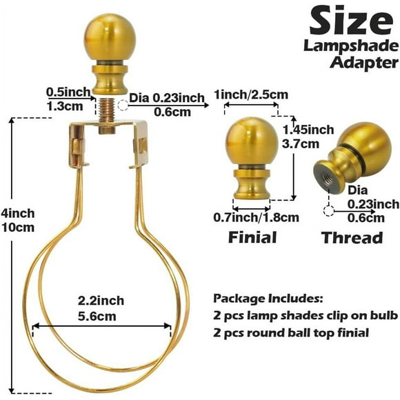 RTHG-2 Pieces Lamp Shade Light Bulb Clip Adapter Kit, Antique Gold Lampshade Holder with Round Top Finial, No Harp Required, Clip on Bulb, DIY Replacement Repair Table & Floor Light Metal Parts