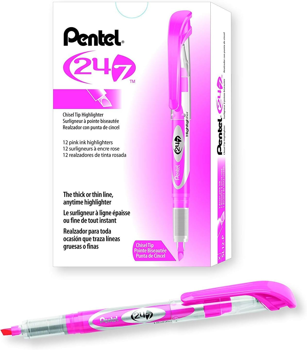 RTHG-24/7 Chisel Tip Liquid Highlighter, Pink Ink, Box of 12 (SL12-P)