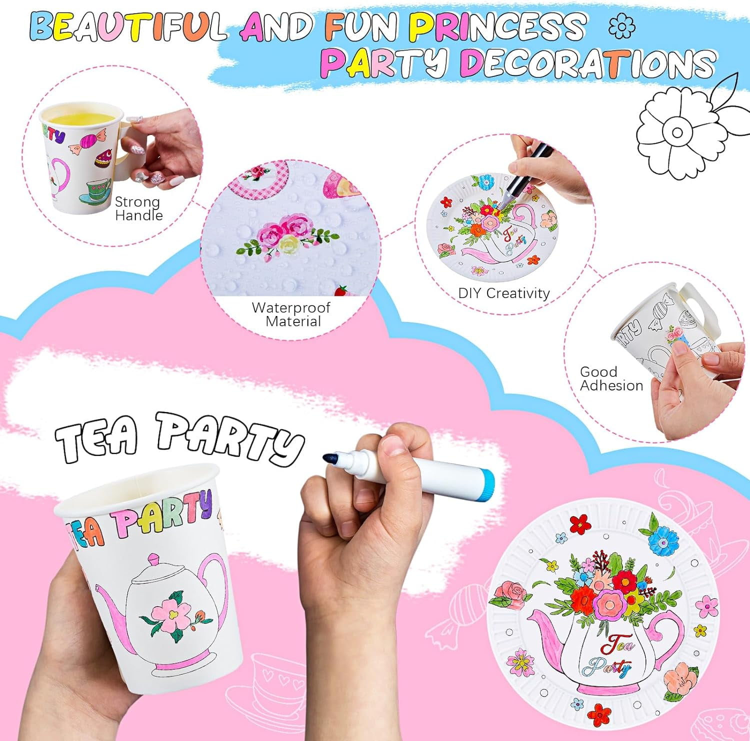 RTHG-24 Set Color Your Own Tea Party Cups with Handle Disposable Unicorn Paper Cups DIY Coloring Floral Plates Set and Sticker Birthday Party Activity Crafts Favors(Floral)