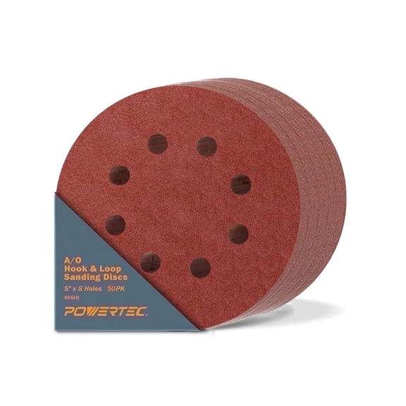 POWERTEC 50PK 5 Inch 8 Hole Hook and Loop Sanding Discs, 60 Grit Sandpaper for Random Orbital Sanders, 45006-P2X
