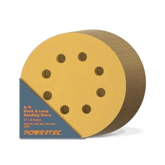 POWERTEC 50PK Assorted 5-Inch 8 Hole Hook and Loop Sanding Discs, 80/100/120/150/220 Grits Sandpaper for Random Orbital Sanders, Air Sander, Pneumatic Sander, Auto Body Shop, 44000XG-50X