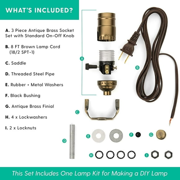 RTHG-DIY Lamp Wiring Kit, Antique Brass 3-Way Socket & 8FT Brown Cord (1 Pack), for Making & Fixing Table or Floor Lamps, Repair & Rewire Vintage Lighting Fixtures, Complete Hardware Set