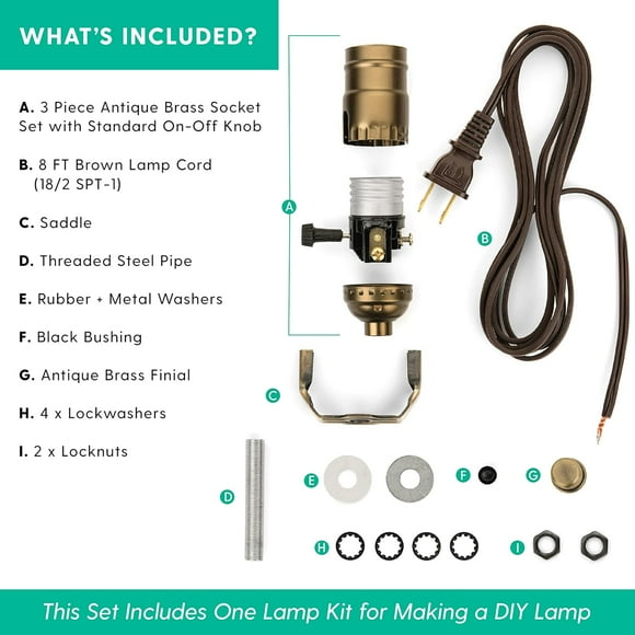 RTHG-DIY Lamp Wiring Kit, Antique Brass Socket & 8FT Brown Cord (1 Pack), for Making & Fixing Table or Floor Lamps, Repair & Rewire Vintage Lighting Fixtures, Complete Hardware Set