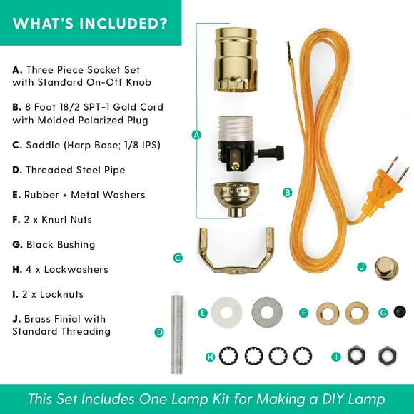 RTHG-DIY Lamp Wiring Kit, Glossy Brass Socket & 8FT Gold Cord (1 Pack), For Making & Fixing Table or Floor Lamps, Repair & Rewire Antique Lighting Fixtures, Complete Hardware Set