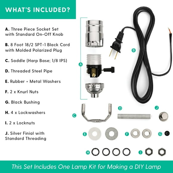 RTHG-DIY Lamp Wiring Kit, Silver Socket & 8FT Black Cord (1 Pack), For Making & Fixing Table or Floor Lamps, Repair & Rewire Antique or Vintage Lighting Fixtures, Complete Hardware Set