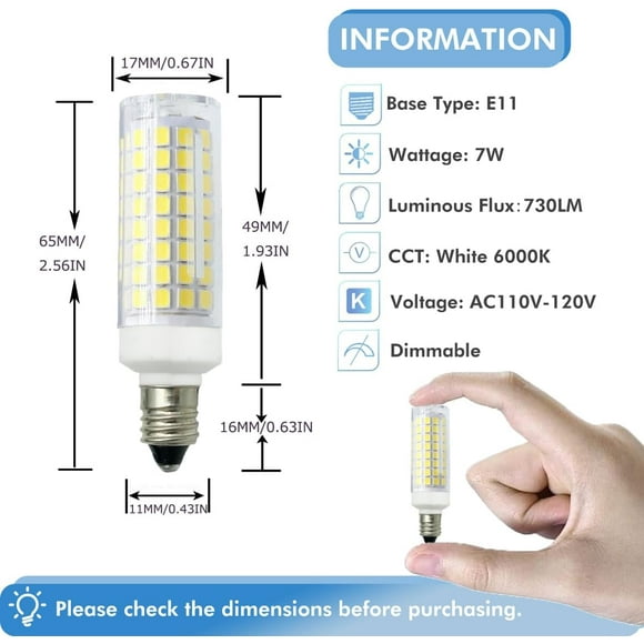 RTHG-E11 LED Bulb 7W Dimmable E11 Mini Candelabra Base 75W Halogen Equivalent, T3/T4 JD E11 LED Light Bulb for Chandelier Cabinet Ceiling Fan Decorative Lighting White 6000K (Pack of 2)