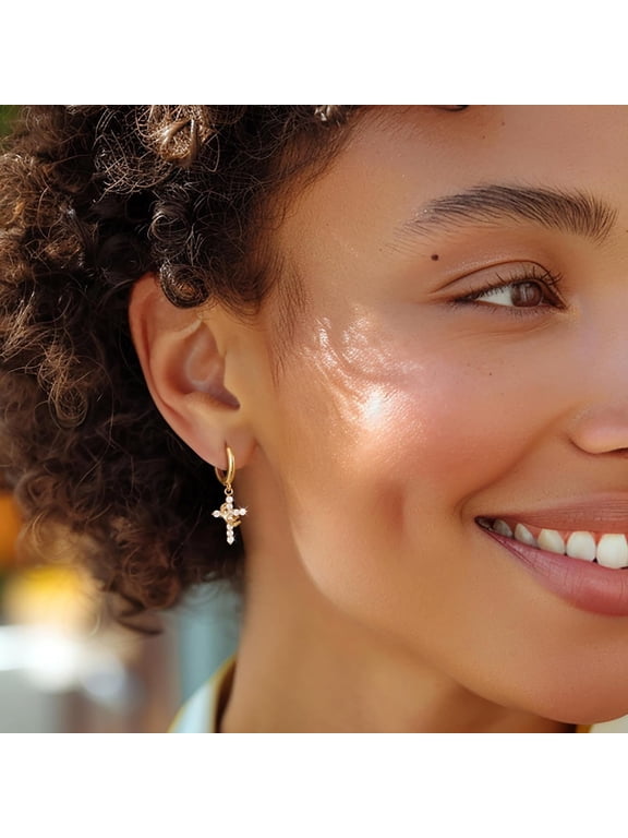 -Gold Crown Cross Hoop Drop Earrings - Trendy 14K Gold Plated/Silver Small Huggie Hoop Dangle Earrings for Women Dainty Hypoallergenic Lightweight Earring Jewelry