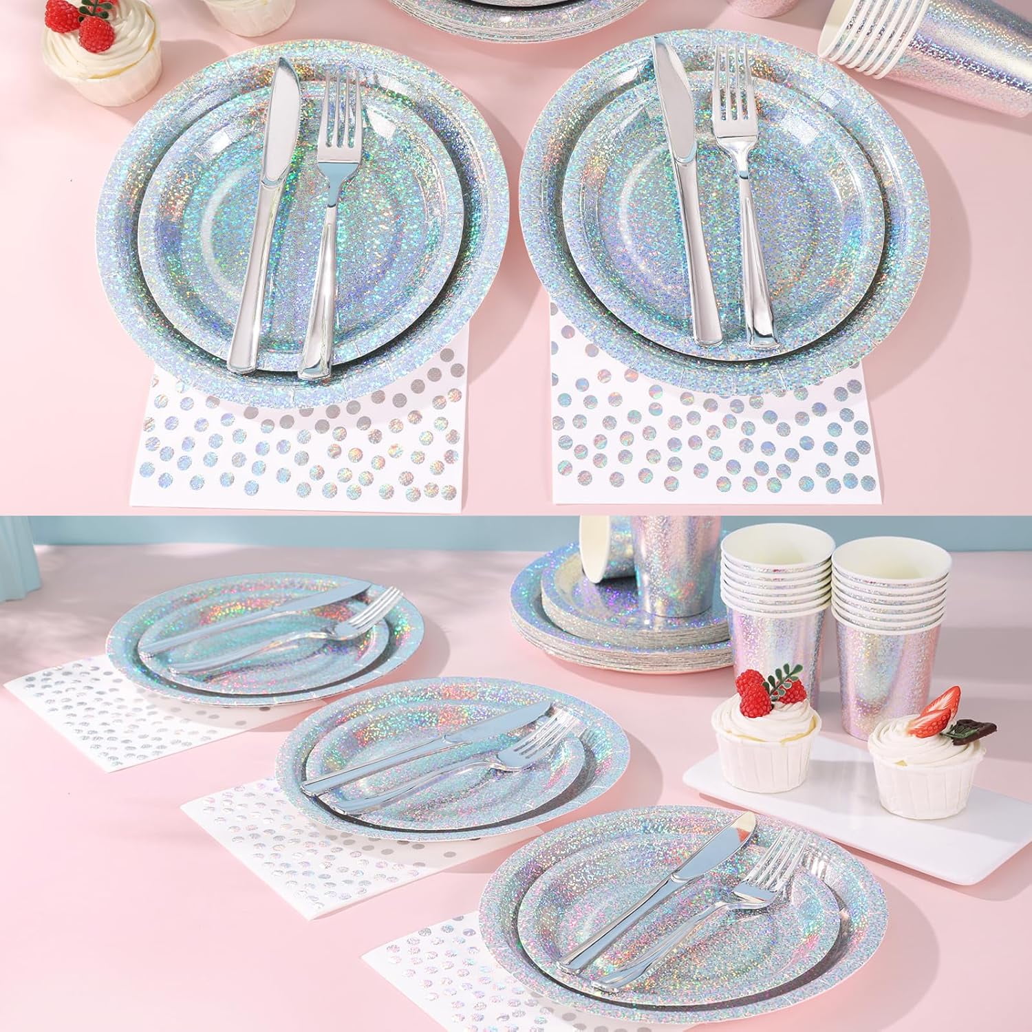RTHG-Iridescent Plates Party Supplies-168pcs Iridescent Party Decorations includes Holographic Plates Silver Dot Napkins and Silverware Set for Disco Winter Birthday Party Decorations Serves 24