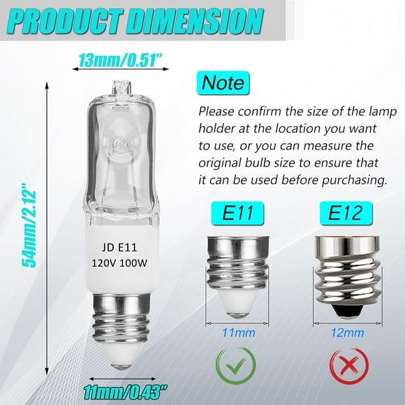 RTHG-JDE11 120v 100w, E11 Bulb, T4 E11 Mini Candelabra Base, 2700K Warm White Dimmable Halogen Bulb for Ceiling Fan Light, Chandeliers, Cabinet Lighting, Table Lamps(2 Pack)