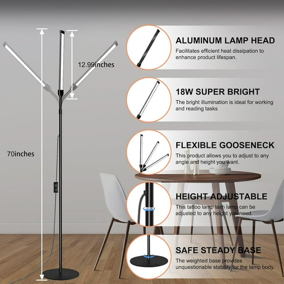 RTHG-LED Floor Lamp Bright, Reading Floor Lamp for Home Office, Lash Lamp, Tattoo Light, Dimmable Gooseneck Standing Lamp for Task Craft Sewing Bedroom