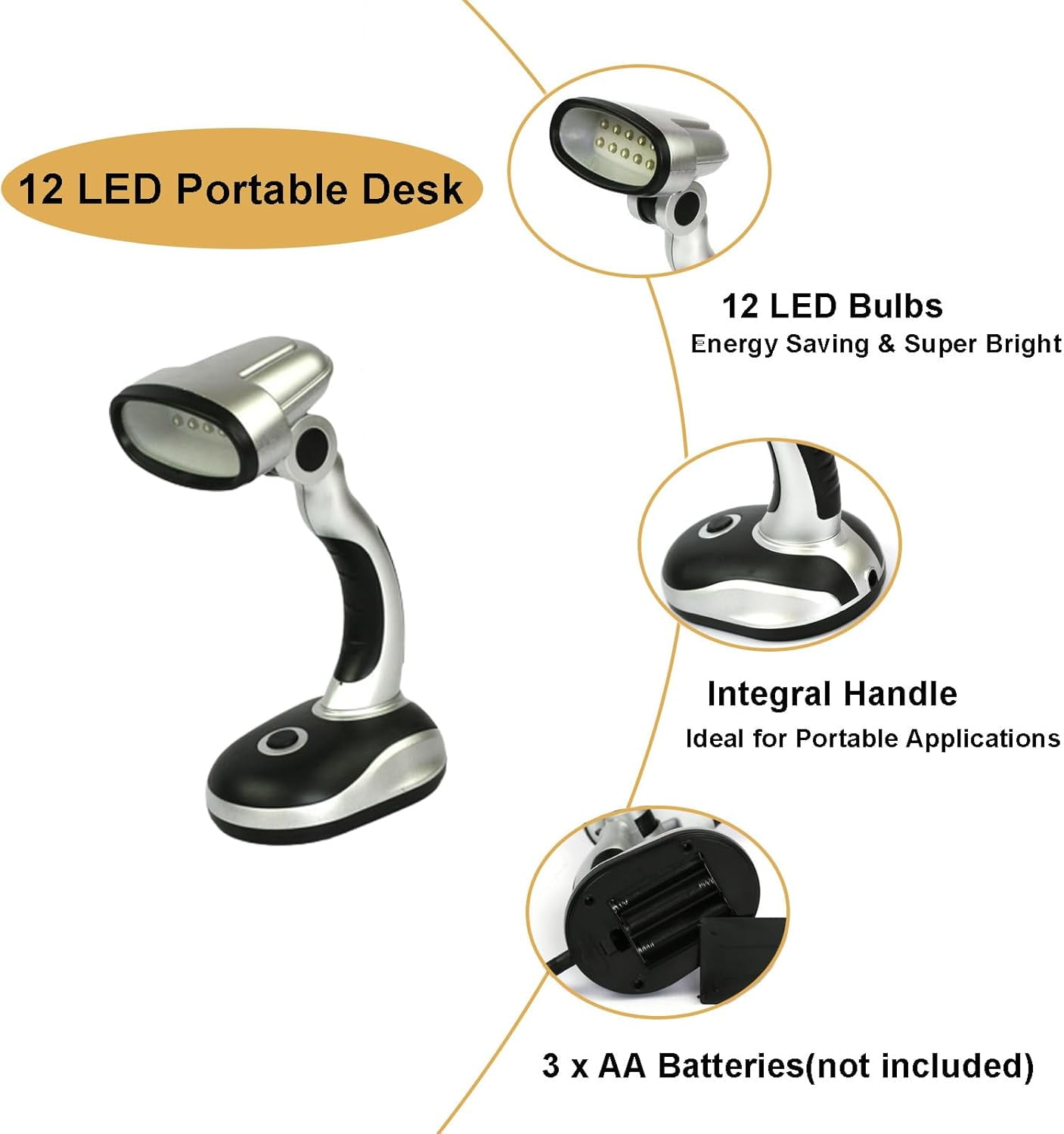 LED Desk Lamp With 12 Bulbs, Battery Operated - Eye Care Adjustable Table Lamp For Reading, Study, Office | 3x AA Batteries (Not Included)