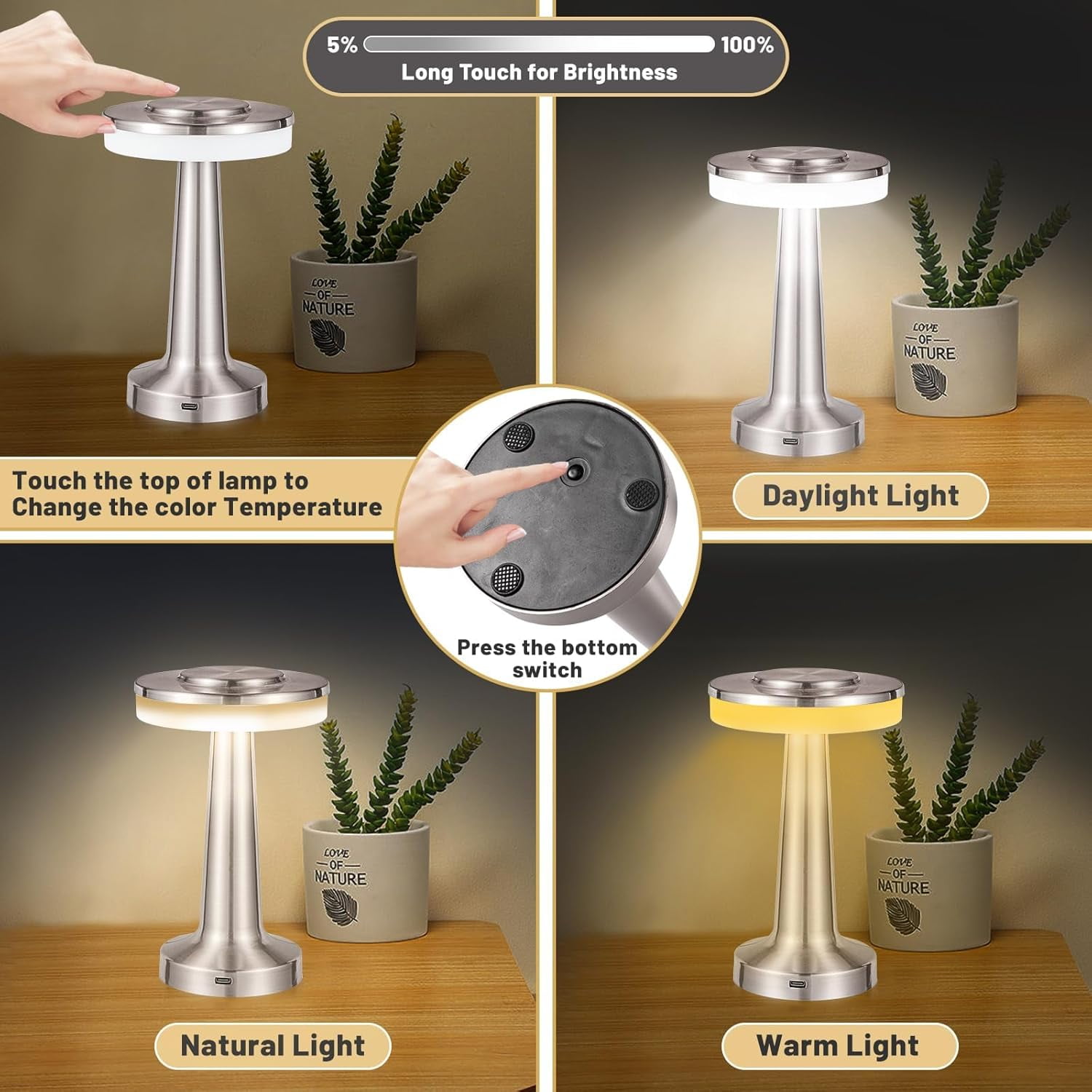 RTHG-Rechargeable Cordless LED Table Lamp with Touch Sensor, 3-Levels ...