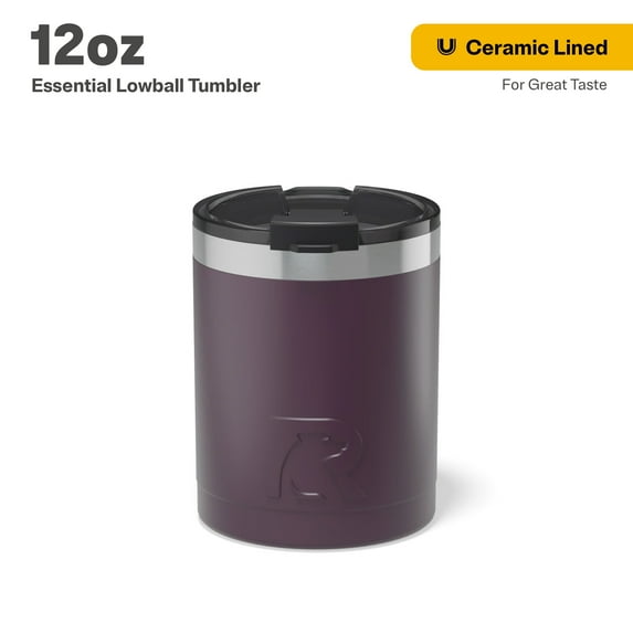 RTIC 12 oz Ceramic Lined Insulated Essential Lowball Tumbler, Splash Resistant, Plum