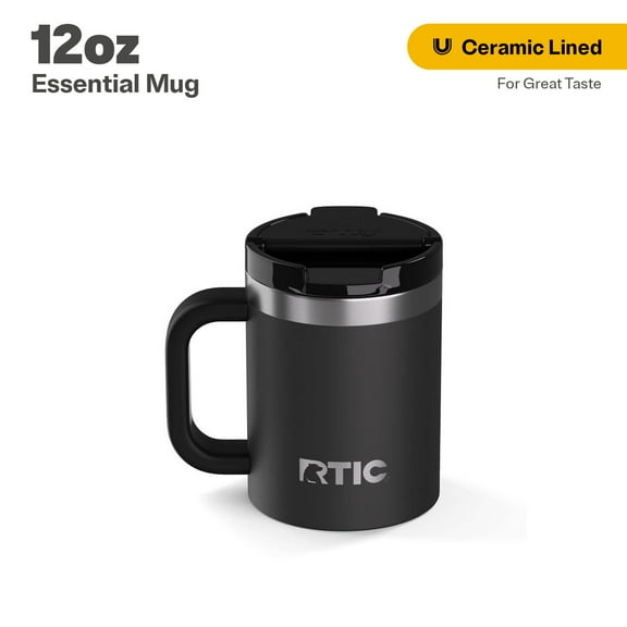 RTIC 12 oz Ceramic Lined Insulated Essential Mug, Wide Mouth, Leak-Resistant Lid, Black