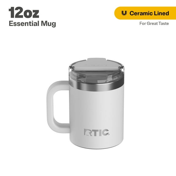 RTIC 12 oz Ceramic Lined Insulated Essential Mug, Wide Mouth, Leak-Resistant Lid, White