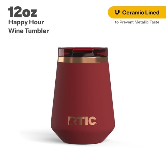 RTIC 12 oz Ceramic Lined Insulated Happy Hour Wine Tumbler, Leak Resistant Lid, Soft-Touch Exterior, Black Cherry