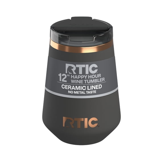 RTIC 12 oz Ceramic Lined Insulated Happy Hour Wine Tumbler, Leak Resistant Lid, Soft-Touch Exterior, Light Black
