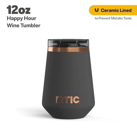 RTIC 12 oz Ceramic Lined Insulated Happy Hour Wine Tumbler, Leak Resistant Lid, Soft-Touch Exterior, Light Black