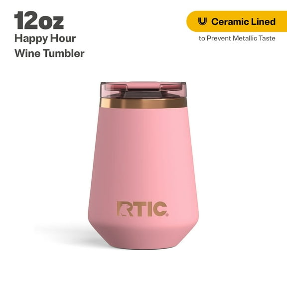 RTIC 12 oz Ceramic Lined Insulated Happy Hour Wine Tumbler, Leak Resistant Lid, Soft-Touch Exterior, Rosewater