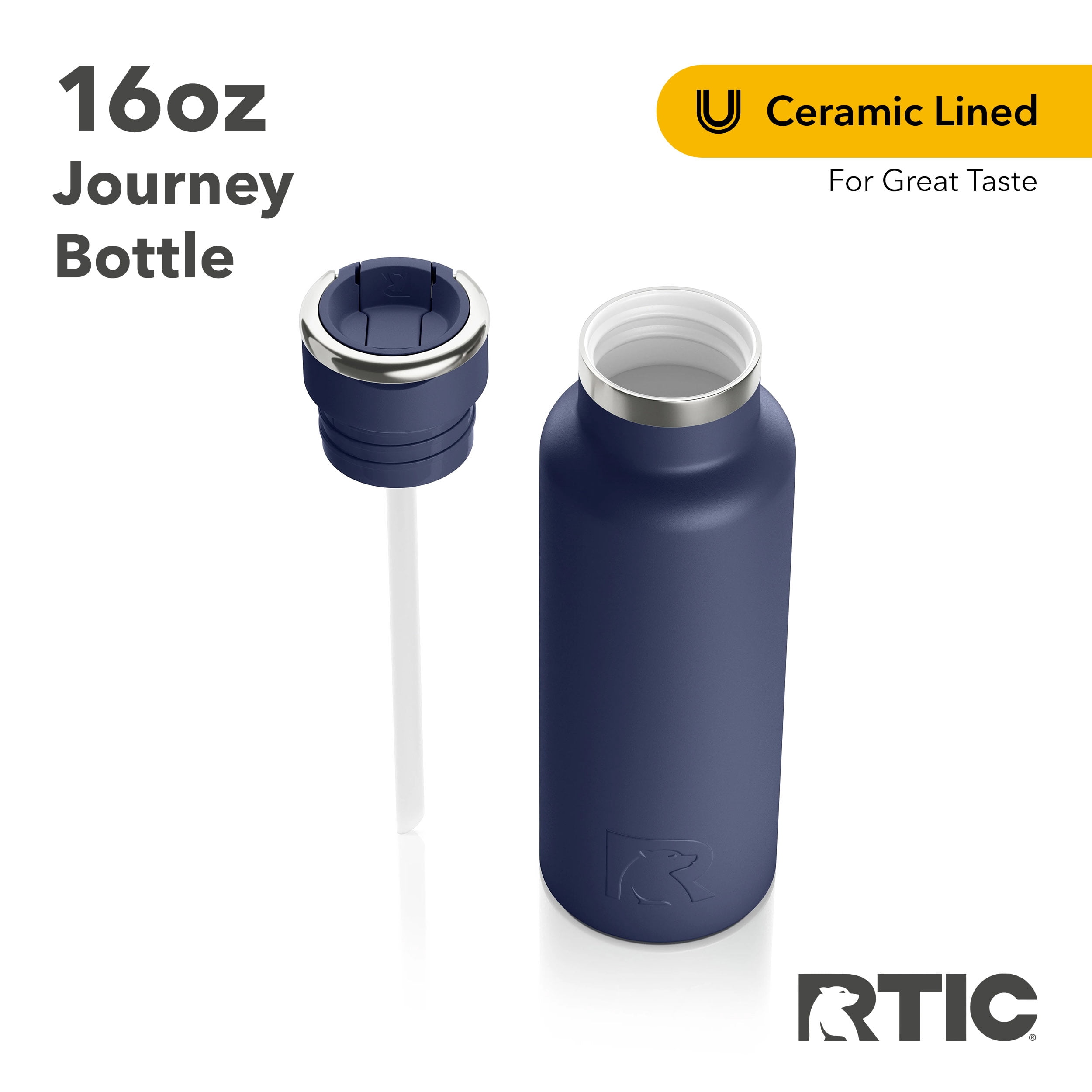 RTIC 16 oz Ceramic Lined Insulated Journey Bottle, Leak-Proof Lid, Navy ...