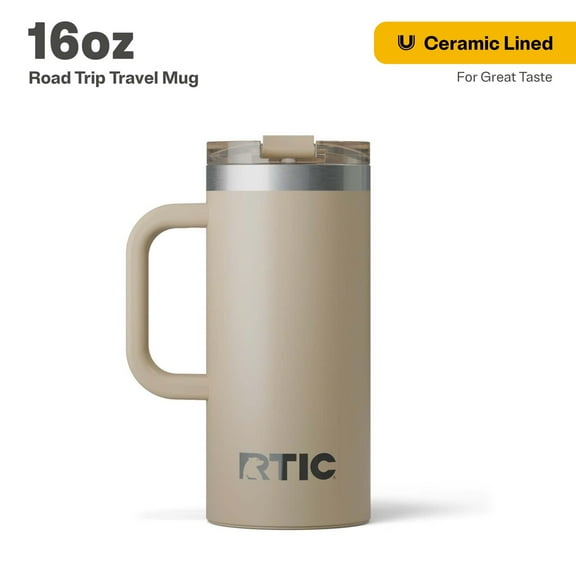 RTIC 16 oz Ceramic Lined Insulated Road Trip Travel Mug, Leak-Resistant Lid, Beach