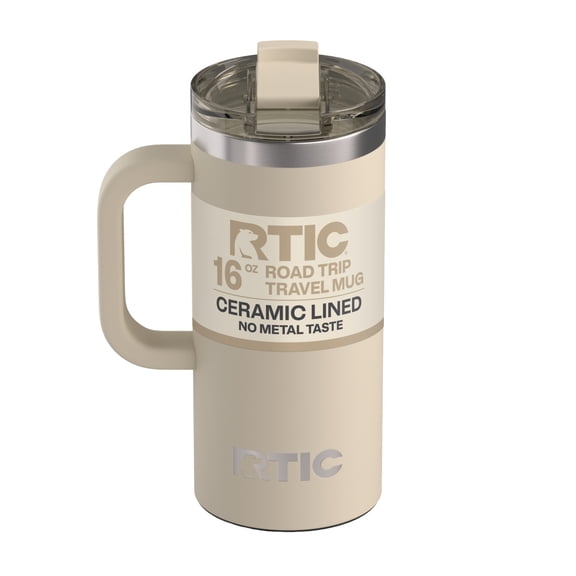 RTIC 16 oz Ceramic Lined Insulated Road Trip Travel Mug, Leak-Resistant Lid, Beach