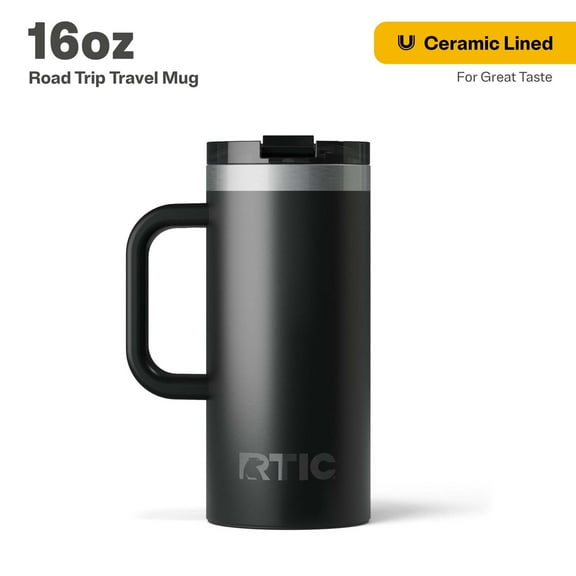 RTIC 16 oz Ceramic Lined Insulated Road Trip Travel Mug, Leak-Resistant Lid, Black