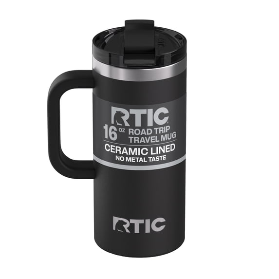 RTIC 16 oz Ceramic Lined Insulated Road Trip Travel Mug, Leak-Resistant Lid, Black