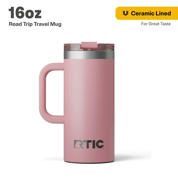 RTIC 16 oz Ceramic Lined Insulated Road Trip Travel Mug, Leak-Resistant Lid, Dusty Rose