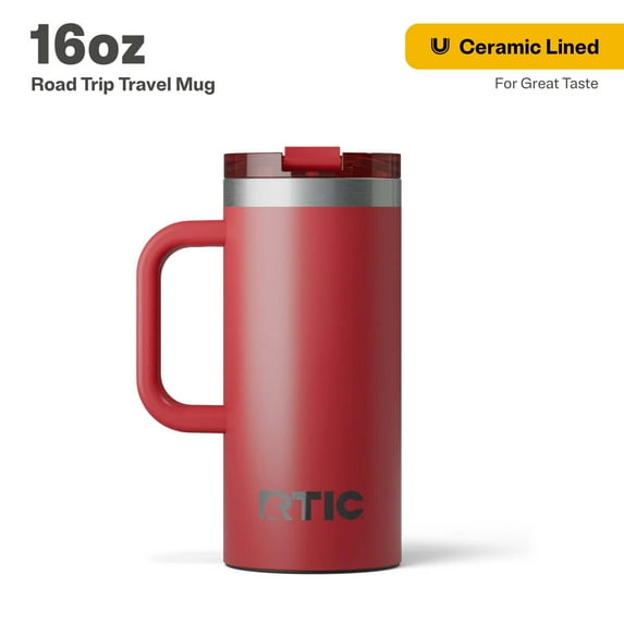 RTIC 16 oz Ceramic Lined Insulated Road Trip Travel Mug, Leak-Resistant Lid, Flag Red