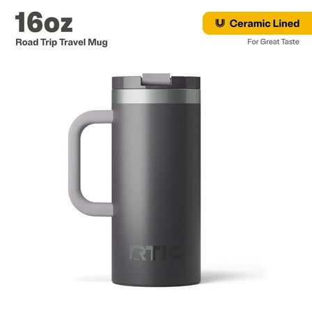 RTIC 16 oz Ceramic Lined Insulated Road Trip Travel Mug, Leak-Resistant Lid, Graphite