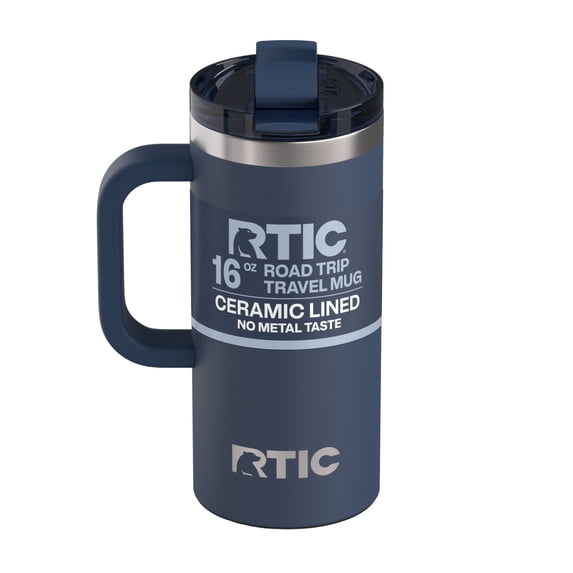 RTIC 16 oz Ceramic Lined Insulated Road Trip Travel Mug, Leak-Resistant Lid, Navy