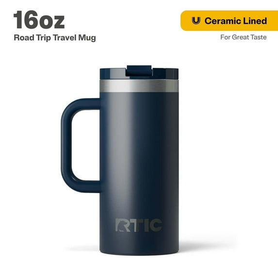 RTIC 16 oz Ceramic Lined Insulated Road Trip Travel Mug, Leak-Resistant Lid, Navy