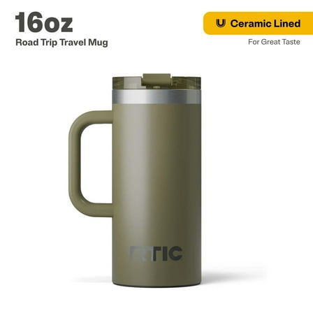 RTIC 16 oz Ceramic Lined Insulated Road Trip Travel Mug, Leak-Resistant Lid, Olive