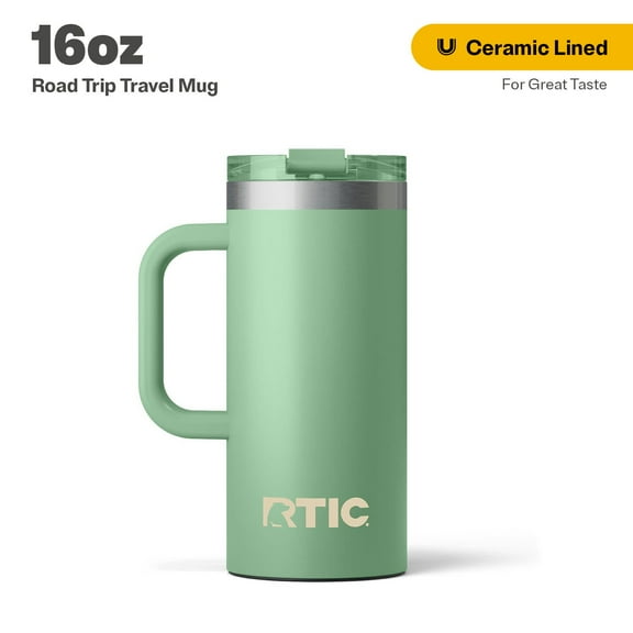 RTIC 16 oz Ceramic Lined Insulated Road Trip Travel Mug, Leak-Resistant Lid, Sage