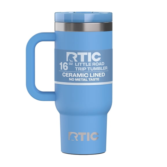 RTIC 16 oz Ceramic Lined Road Trip Tumbler, Leak-Proof Covered Straw Lid, Denim