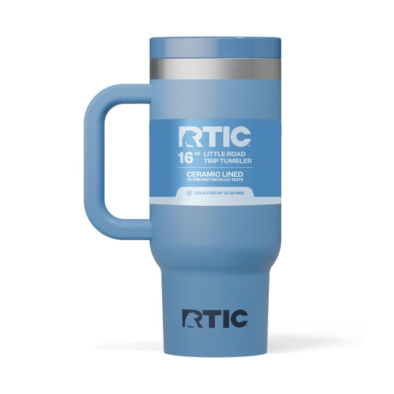RTIC 16 oz Ceramic Lined Road Trip Tumbler, Leak-Proof Covered Straw Lid, Denim