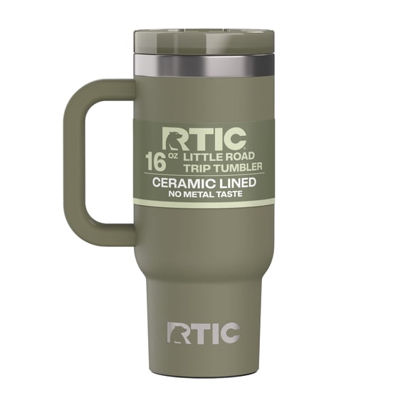 RTIC 16 oz Ceramic Lined Road Trip Tumbler, Leak-Proof Covered Straw Lid, Olive