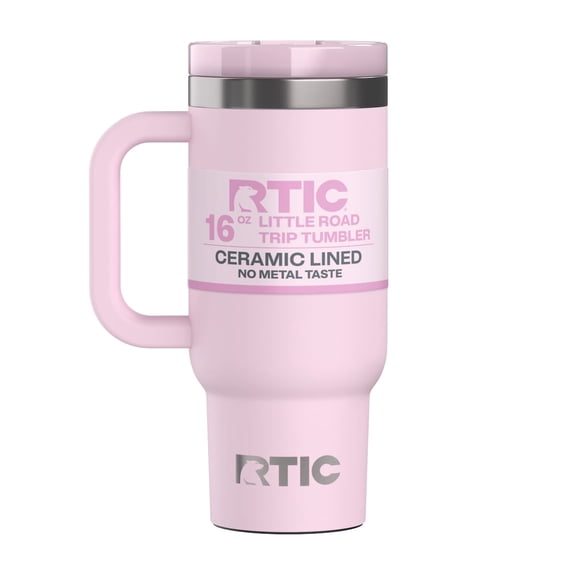 RTIC 16 oz Ceramic Lined Road Trip Tumbler, Leak-Proof Covered Straw Lid, Pale Pink