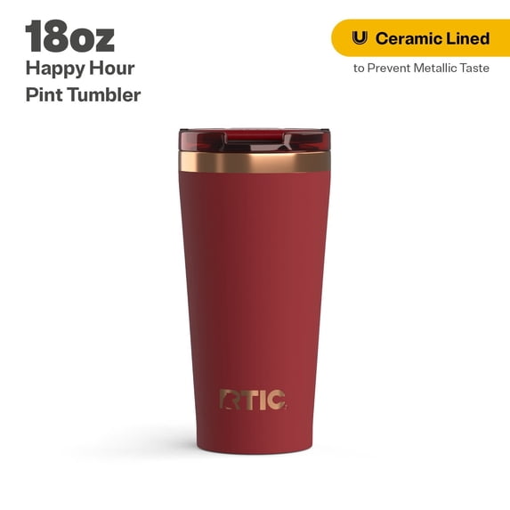 RTIC 18 oz Ceramic Lined Insulated Happy Hour Pint Tumbler, Leak Resistant Lid, Soft-Touch Exterior, Black Cherry