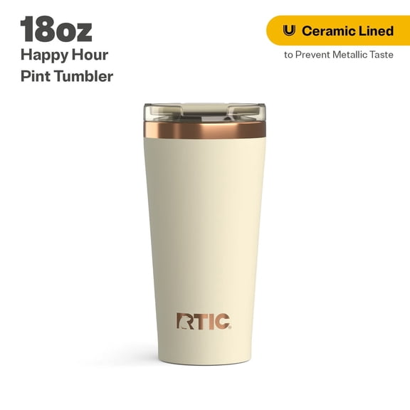 RTIC 18 oz Ceramic Lined Insulated Happy Hour Pint Tumbler, Leak Resistant Lid, Soft-Touch Exterior, Dark Beach
