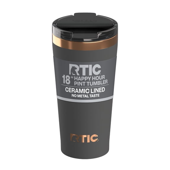 RTIC 18 oz Ceramic Lined Insulated Happy Hour Pint Tumbler, Leak Resistant Lid, Soft-Touch Exterior, Light Black