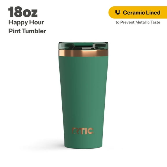 RTIC 18 oz Ceramic Lined Insulated Happy Hour Pint Tumbler, Leak Resistant Lid, Soft-Touch Exterior, Pine Tree