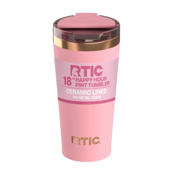 RTIC 18 oz Ceramic Lined Insulated Happy Hour Pint Tumbler, Leak Resistant Lid, Soft-Touch Exterior, Rosewater