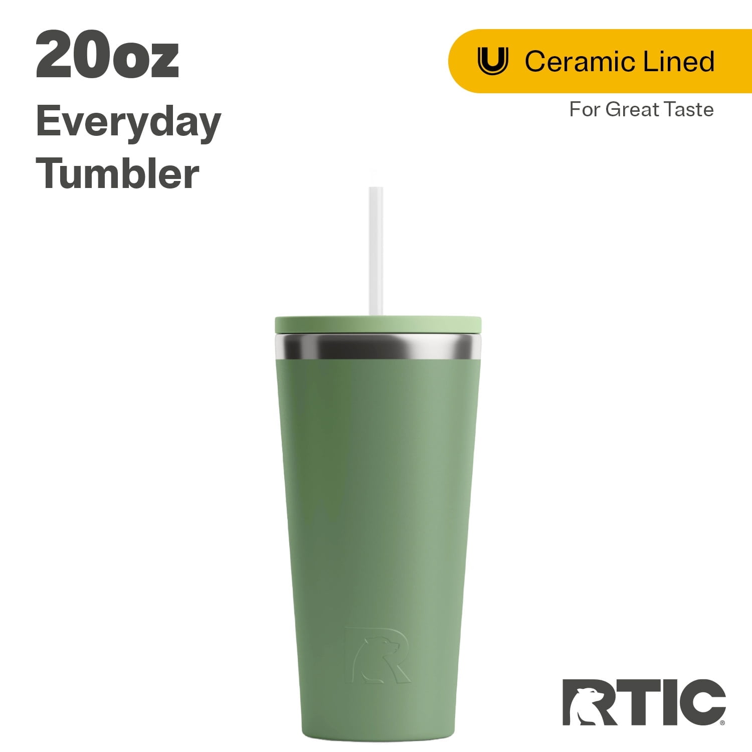 RTIC 20 OZ Ceramic Lined Everyday Tumbler, Spill-Resistant Straw Lid, Sage