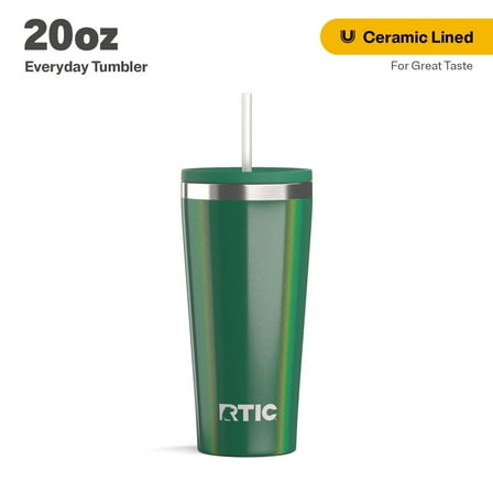 RTIC 20 oz Ceramic Lined Everyday Tumbler, Spill-Resistant Straw Lid, Pine Tree Glitter