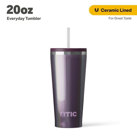 RTIC 20 oz Ceramic Lined Everyday Tumbler, Spill-Resistant Straw Lid, Plum Glitter